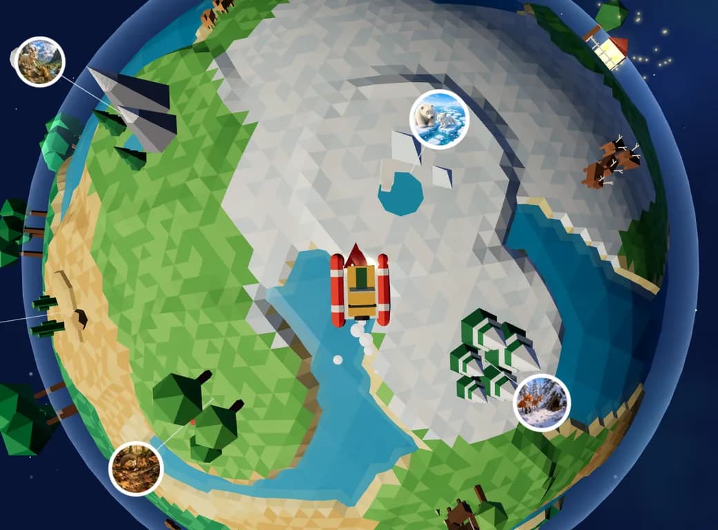 A small 3D planet with ice, forests and rivers, a jeep on the water and round pictures of places to visit